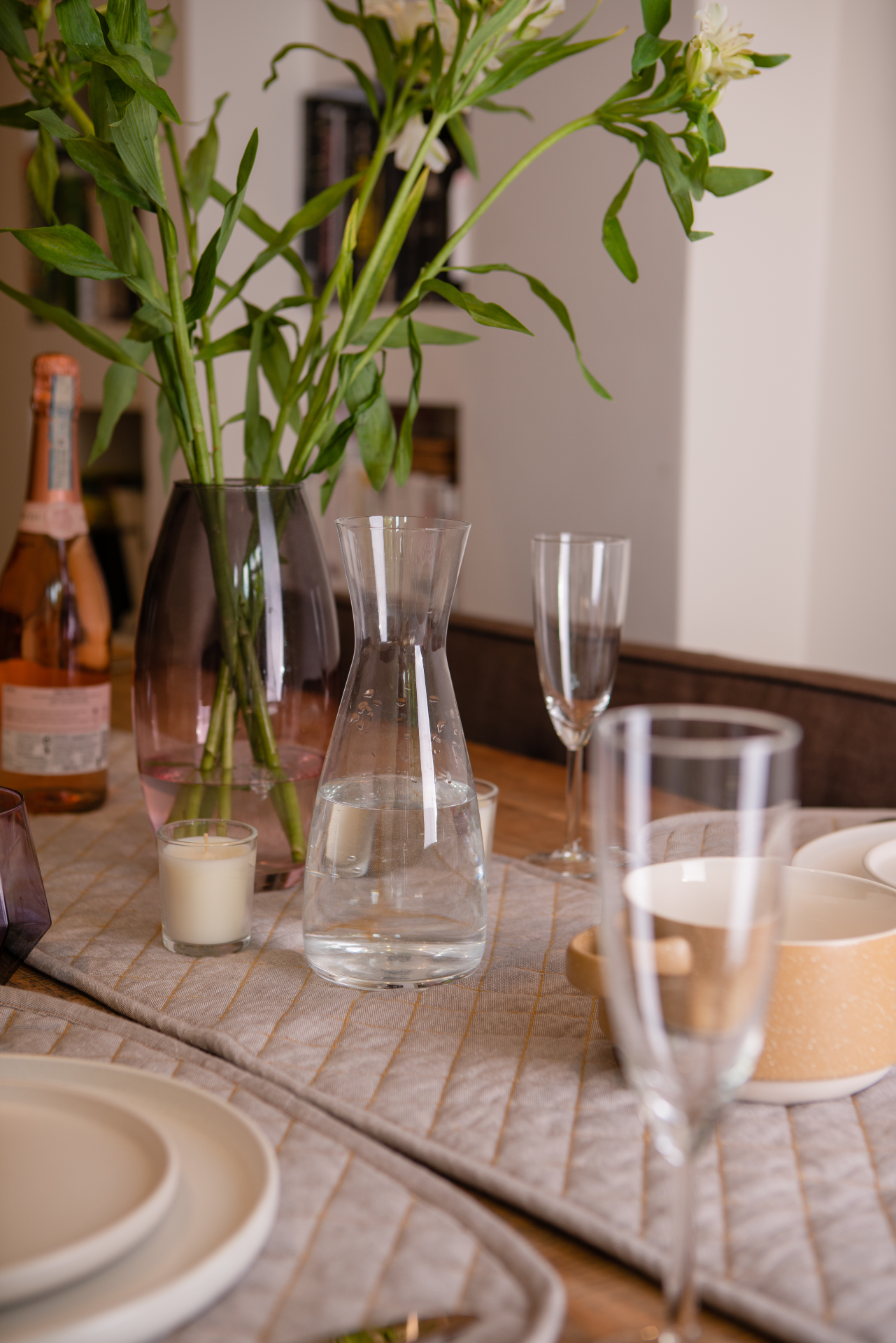 Organic Cotton Quilted Table Runner in luxurious chambray weave, perfect for stylish dining settings.