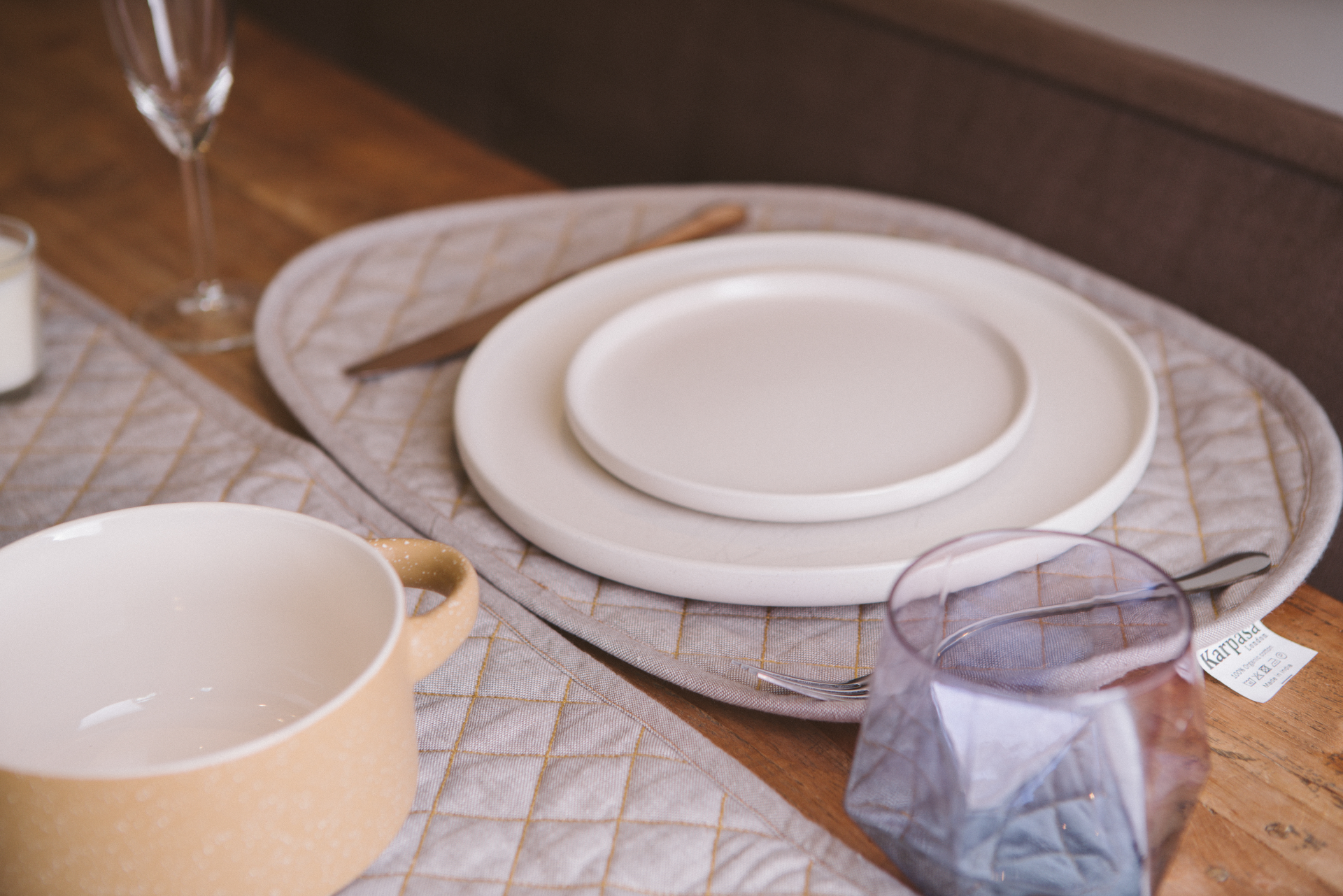 Organic Cotton Quilted Table Runner in luxurious chambray weave, perfect for stylish dining settings.