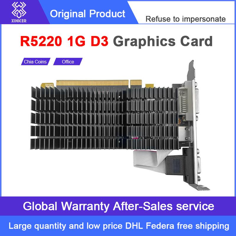 R5 220 1G graphics card featuring a sleek black and silver design, ideal for office use and video playback.