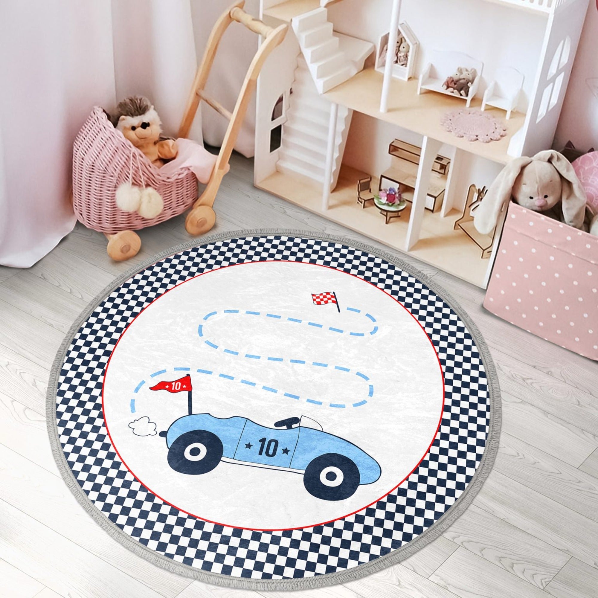 Colorful race car printed round area rug for kids' room, featuring a soft velvet texture and nonslip backing.