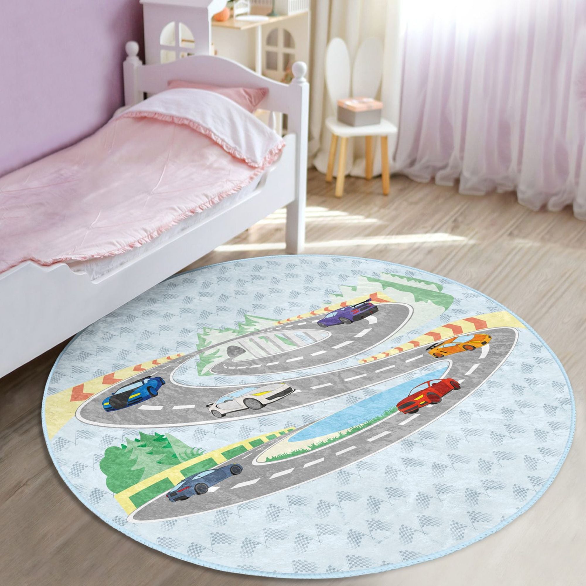 A colorful washable rug featuring a racing cars pattern, perfect for boys' rooms, showcasing vibrant colors and a soft texture.