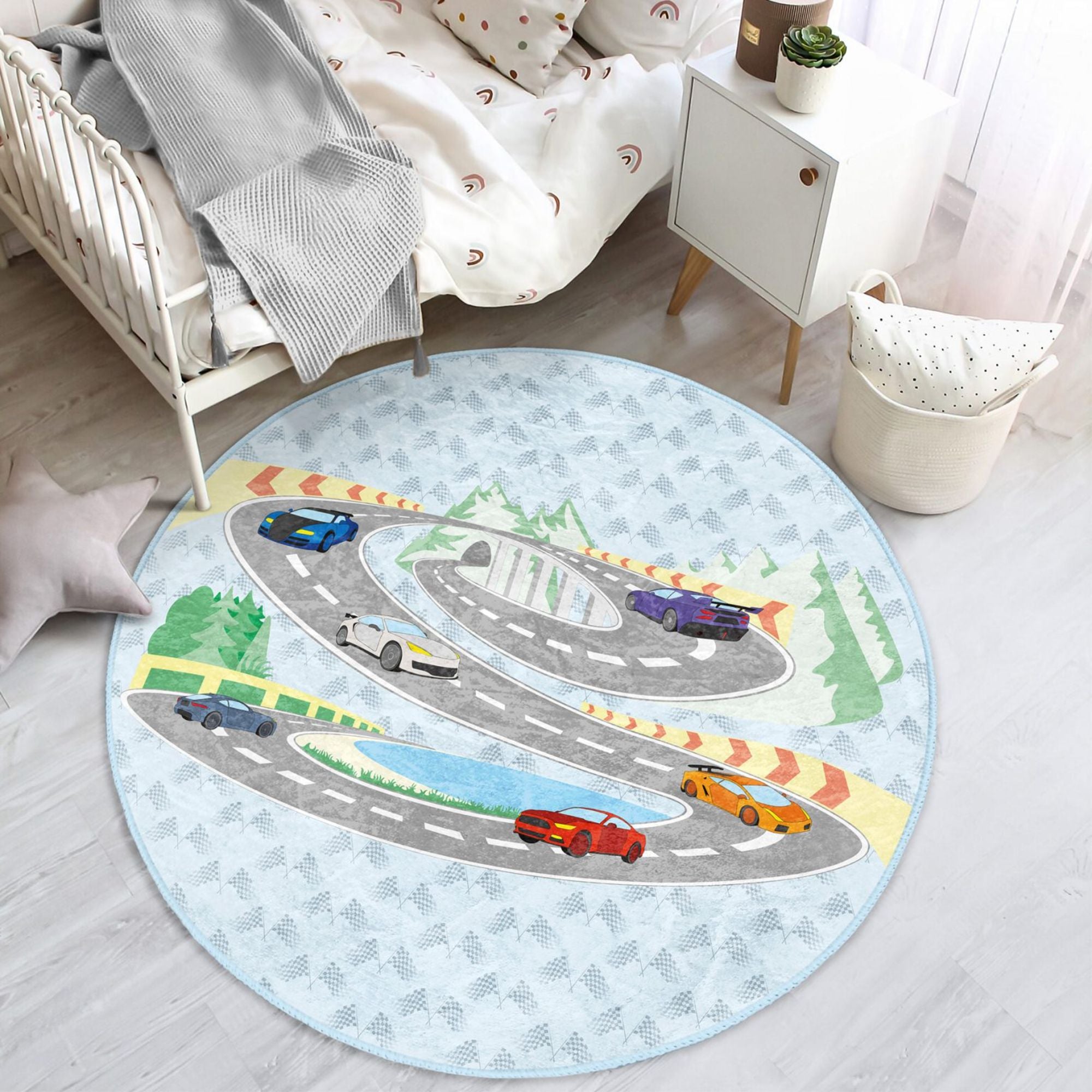 A colorful washable rug featuring a racing cars pattern, perfect for boys' rooms, showcasing vibrant colors and a soft texture.