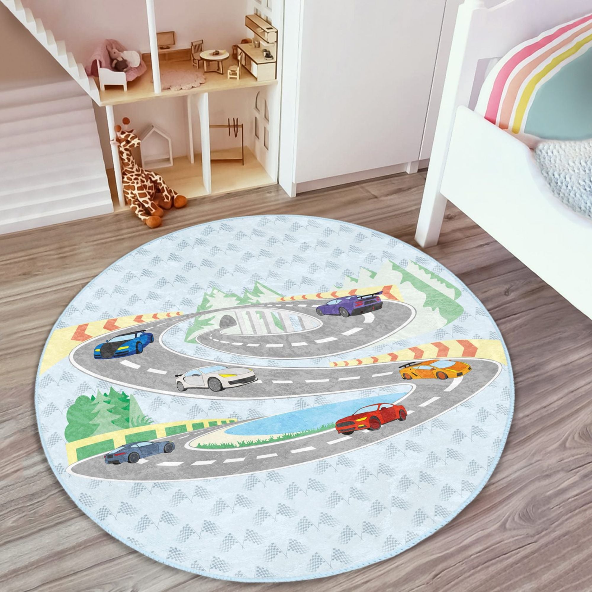 A colorful washable rug featuring a racing cars pattern, perfect for boys' rooms, showcasing vibrant colors and a soft texture.