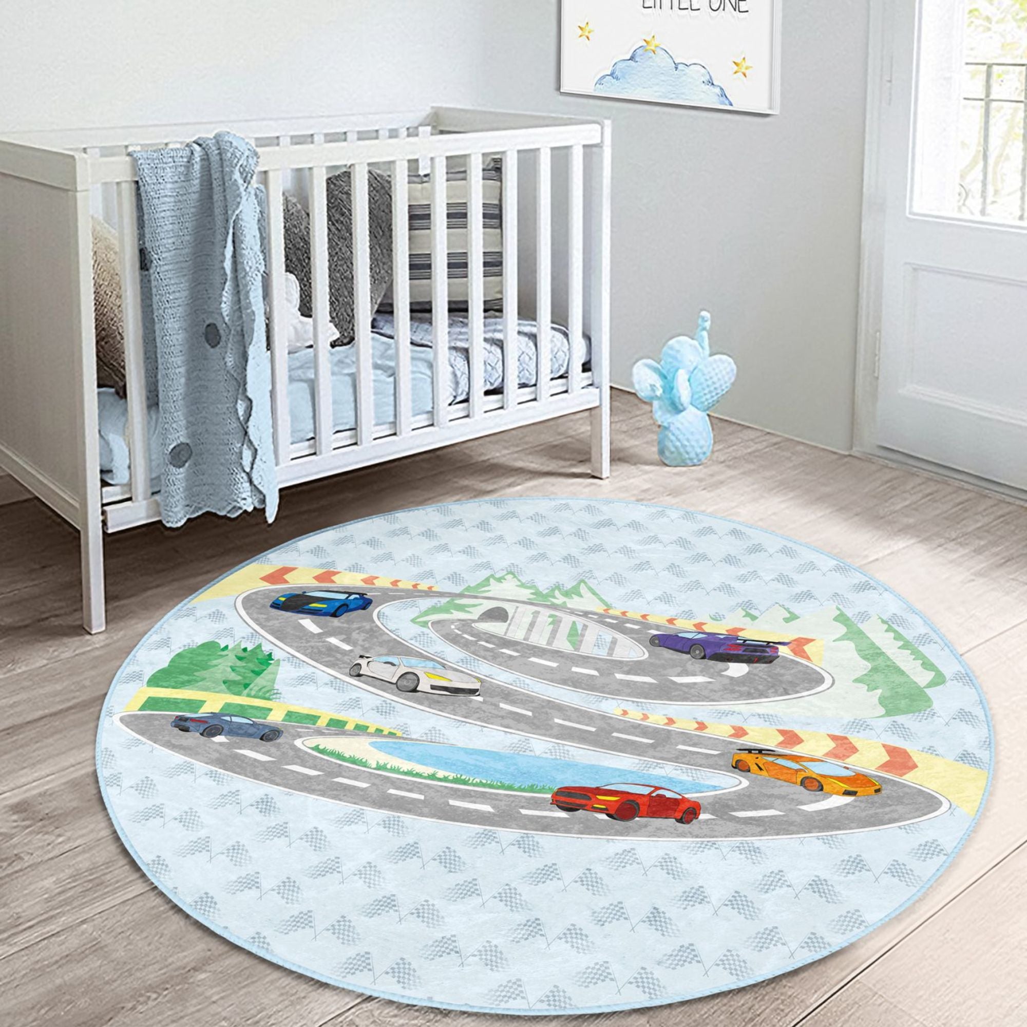 A colorful washable rug featuring a racing cars pattern, perfect for boys' rooms, showcasing vibrant colors and a soft texture.