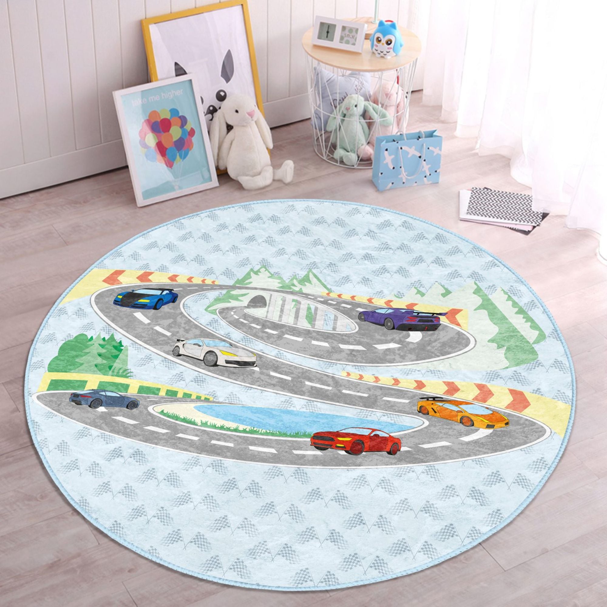 A colorful washable rug featuring a racing cars pattern, perfect for boys' rooms, showcasing vibrant colors and a soft texture.