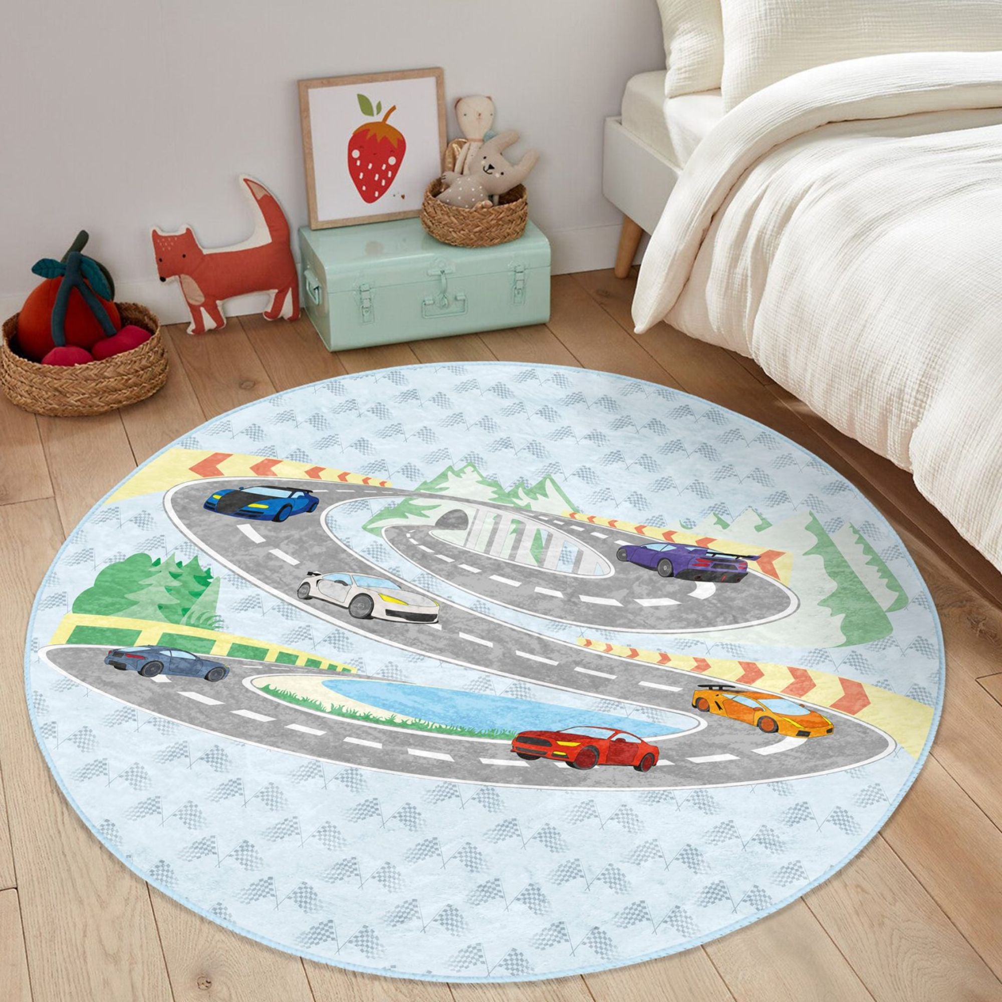 A colorful washable rug featuring a racing cars pattern, perfect for boys' rooms, showcasing vibrant colors and a soft texture.