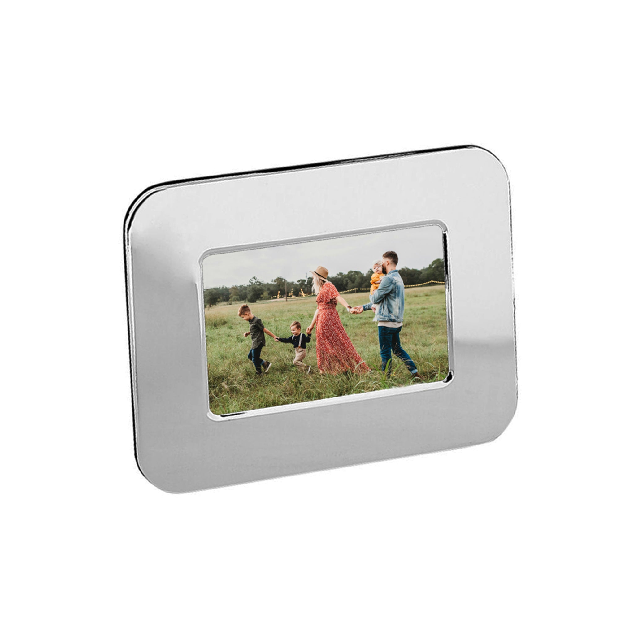 Radius Design Photo Frame in nickel finish, holding a 4x6 photo with elegant curves and wide border.