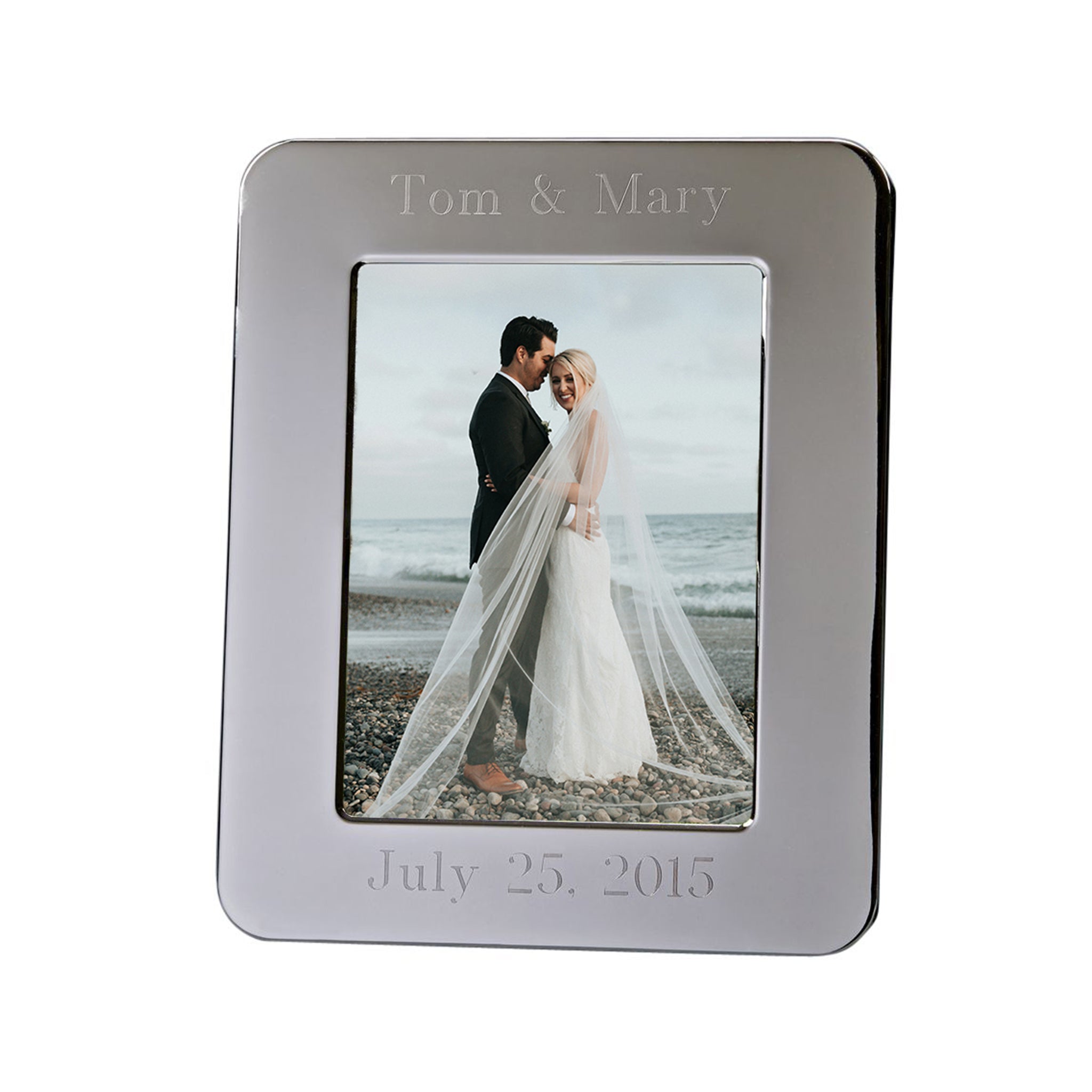 Radius Design Photo Frame in nickel finish, holding an 8x10 photo with elegant curved corners and a black flocked back.