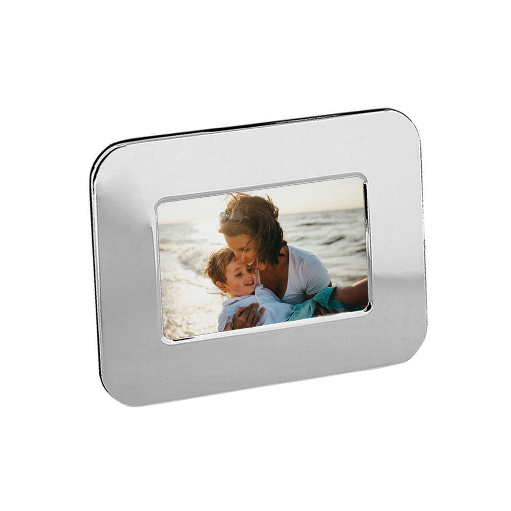 Radius Design Photo Frame in nickel finish, holding an 8x10 photo with elegant curved corners and a black flocked back.