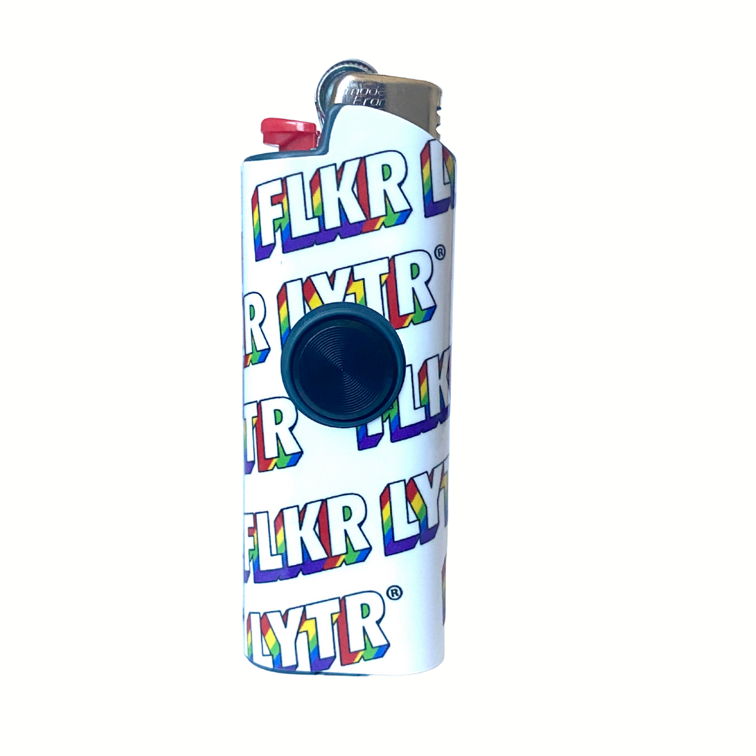 Rainbow Edition FLKR LYTR lighter case featuring a vibrant, colorful design with a spinning mechanism for stress relief.