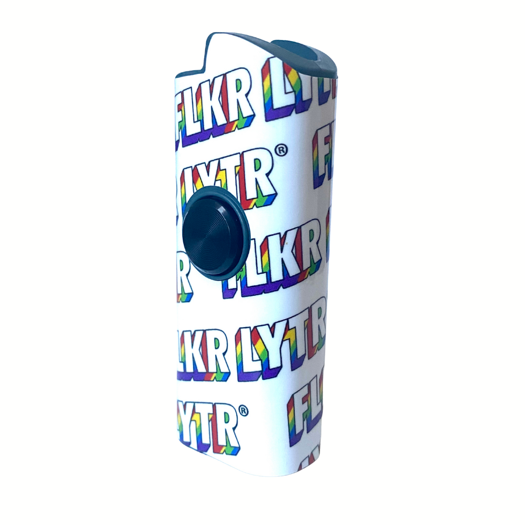 Rainbow Edition FLKR LYTR lighter case featuring a vibrant, colorful design with a spinning mechanism for stress relief.