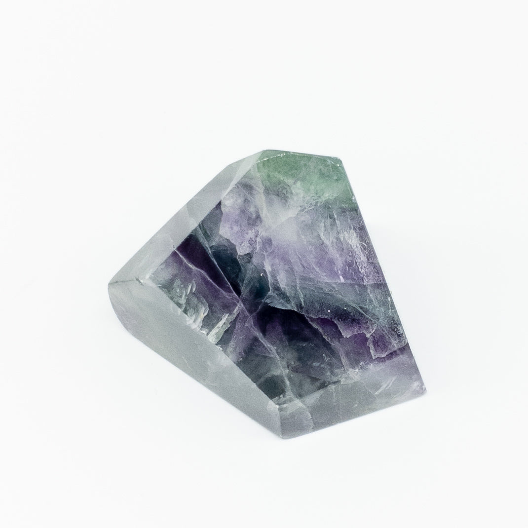 A high-grade rainbow fluorite polished prism showcasing vibrant colors, measuring 2" x 2.5" x 2", sourced from Brazil.