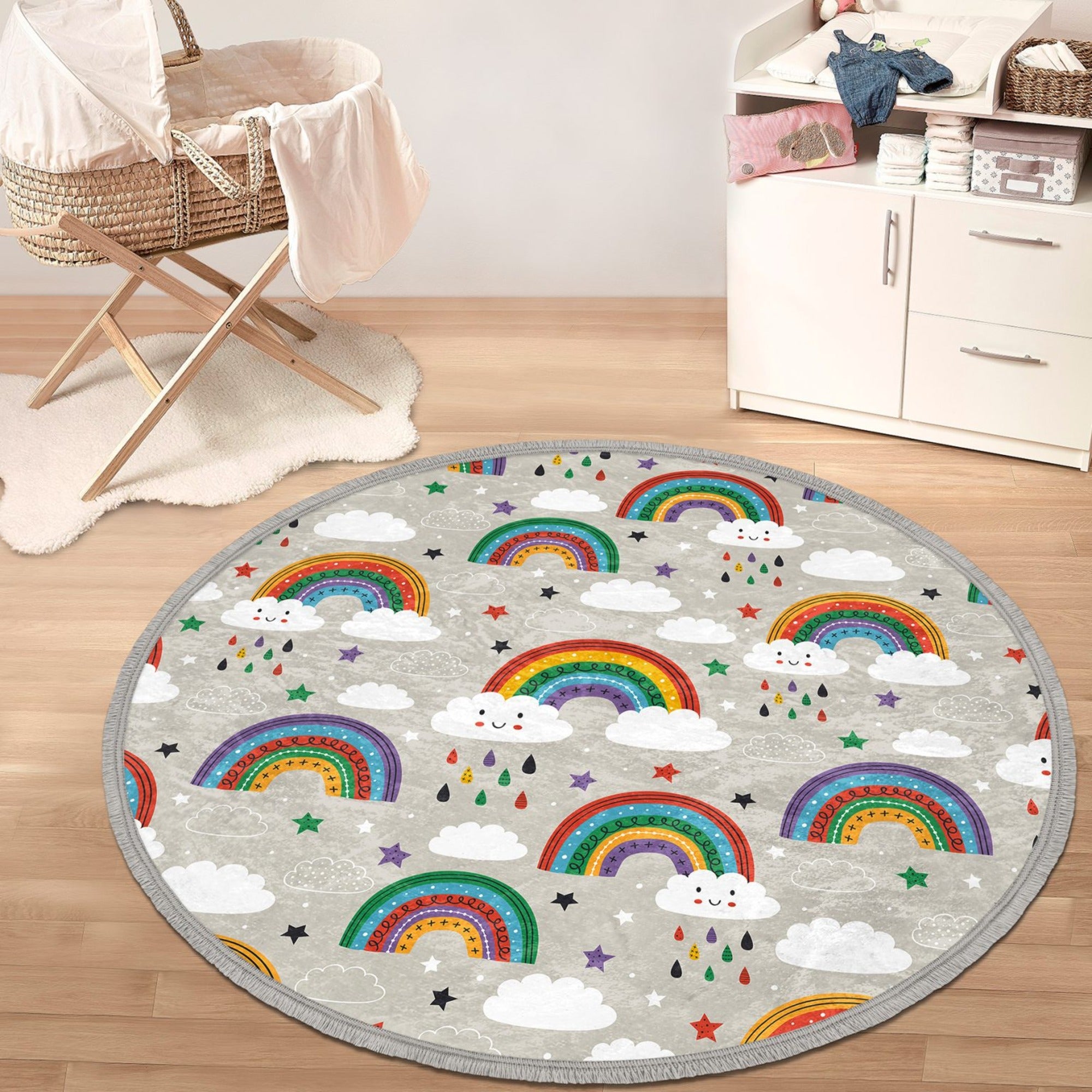 Colorful round rug featuring a vibrant rainbow pattern, designed for kids' rooms and nurseries, made from soft velvet fabric.