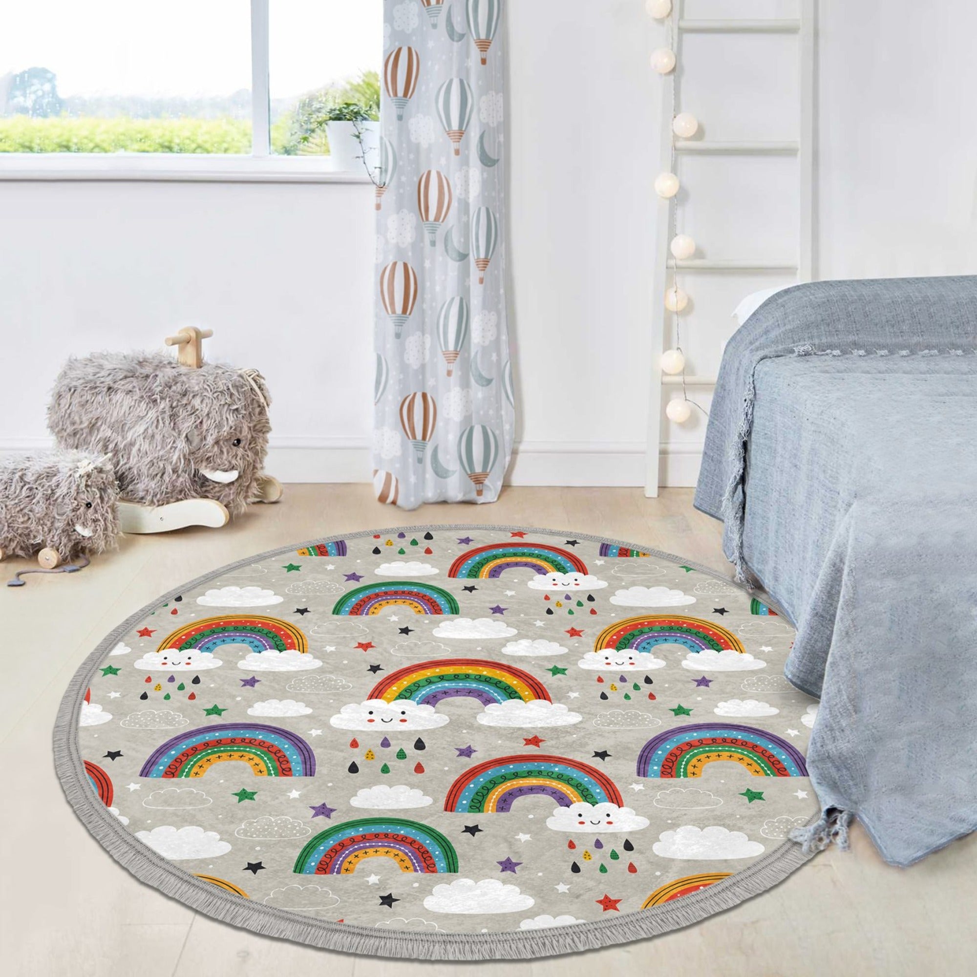 Colorful round rug featuring a vibrant rainbow pattern, designed for kids' rooms and nurseries, made from soft velvet fabric.