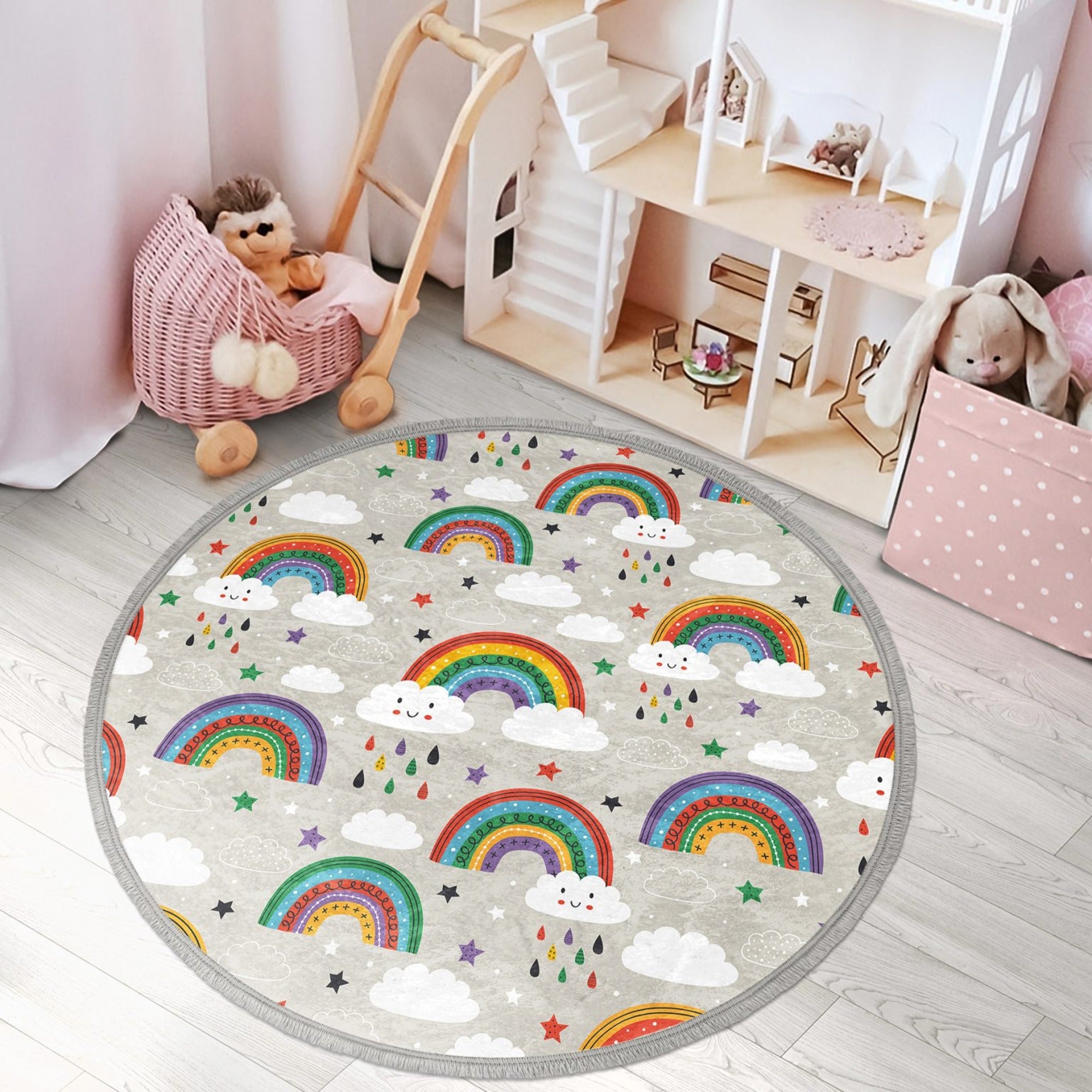 Colorful round rug featuring a vibrant rainbow pattern, designed for kids' rooms and nurseries, made from soft velvet fabric.