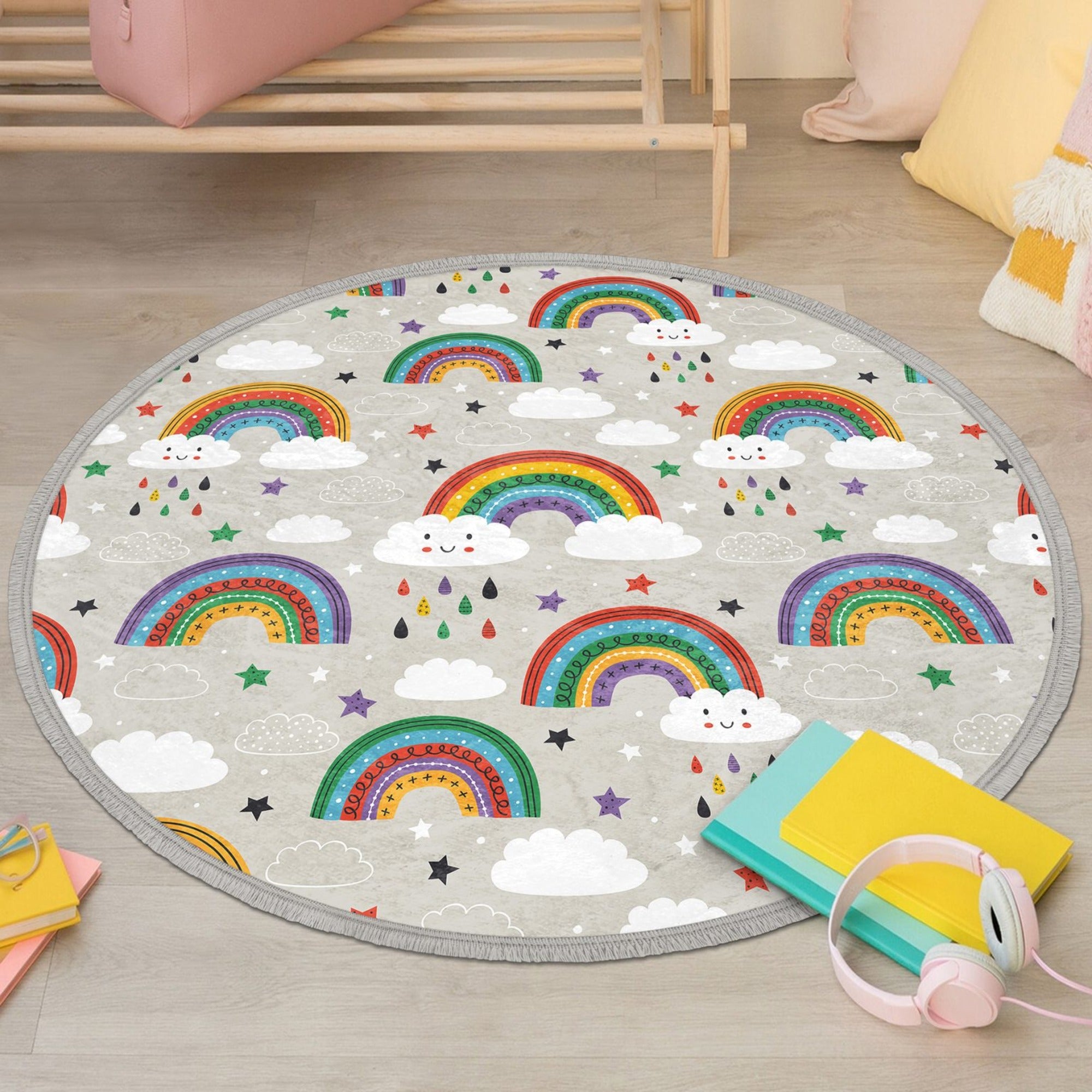 Colorful round rug featuring a vibrant rainbow pattern, designed for kids' rooms and nurseries, made from soft velvet fabric.