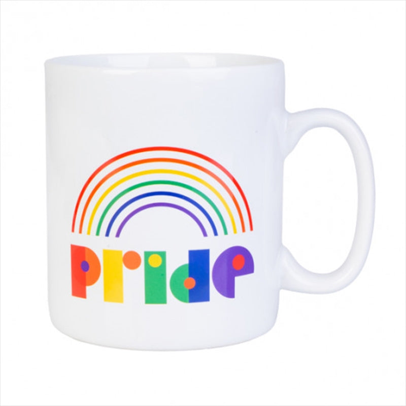 A large ceramic mug featuring vibrant pride motifs on a white background, perfect for coffee lovers.