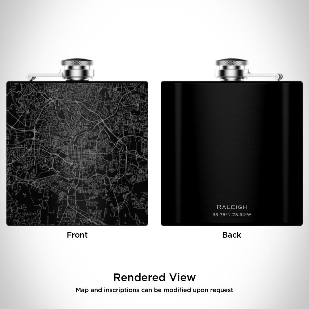 Matte black hip flask featuring a custom engraved map of Raleigh, North Carolina, with coordinates, alongside a canvas bag and funnel.