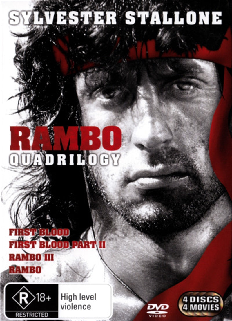 Rambo 1-4 DVD collection featuring Sylvester Stallone as John Rambo in action-packed scenes.