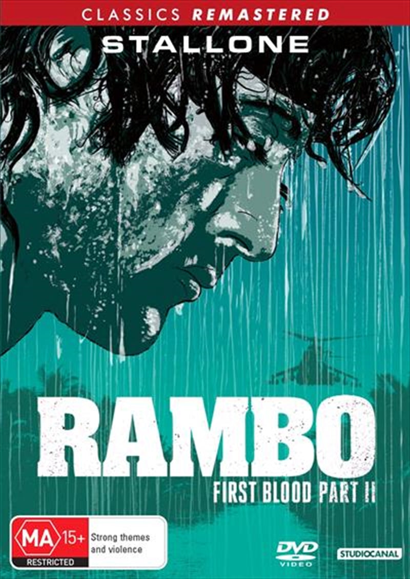 Rambo - First Blood II DVD cover featuring Sylvester Stallone in action, showcasing intense jungle scenes.