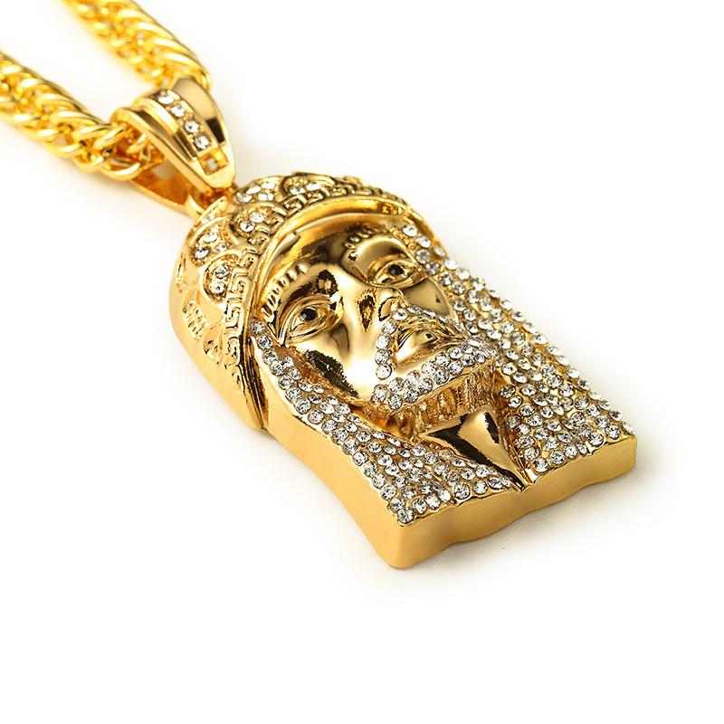 24K Gold Plated Jesus Face Pendant with Austrian rhinestones, showcasing hip-hop fashion style.