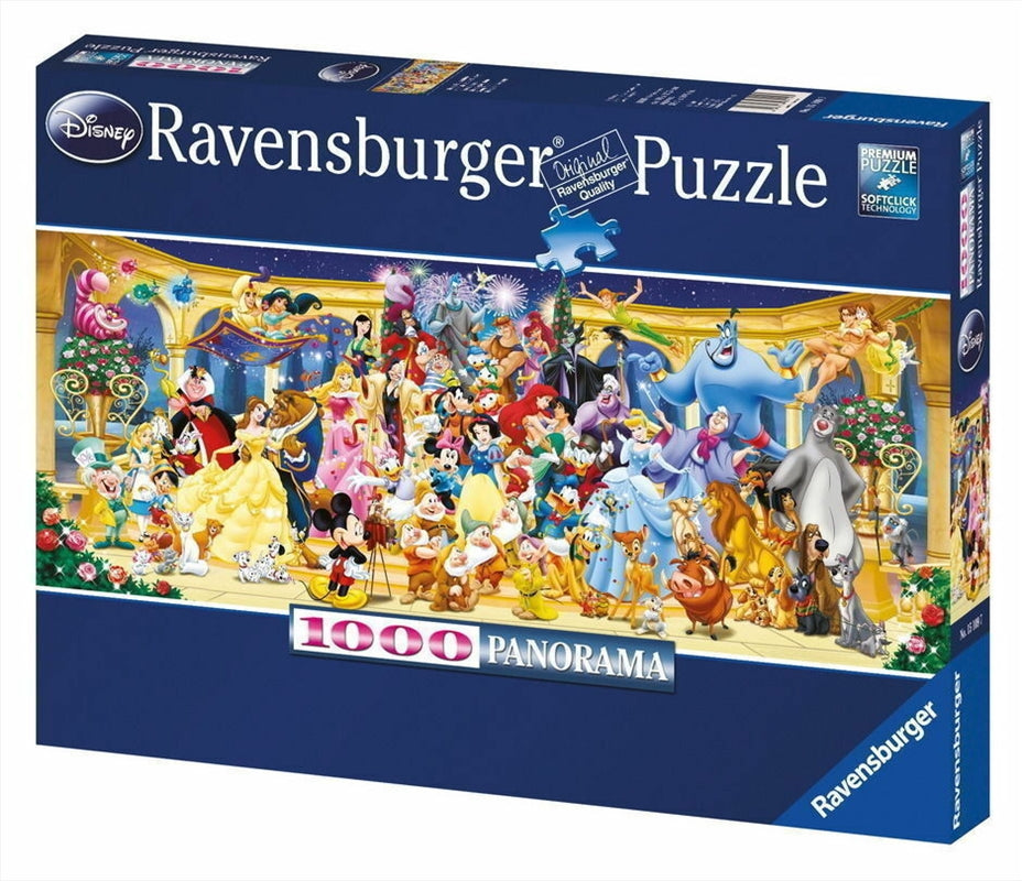 Ravensburger Disney Characters Panorama Puzzle featuring iconic Disney characters in vibrant colors, showcasing 1000 high-quality pieces.