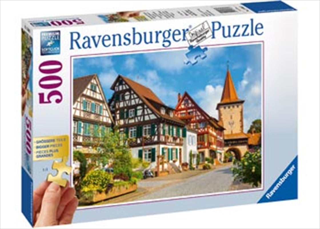 Ravensburger 500-piece puzzle featuring a scenic view of Gengenbach, Germany, showcasing charming architecture and landscapes.