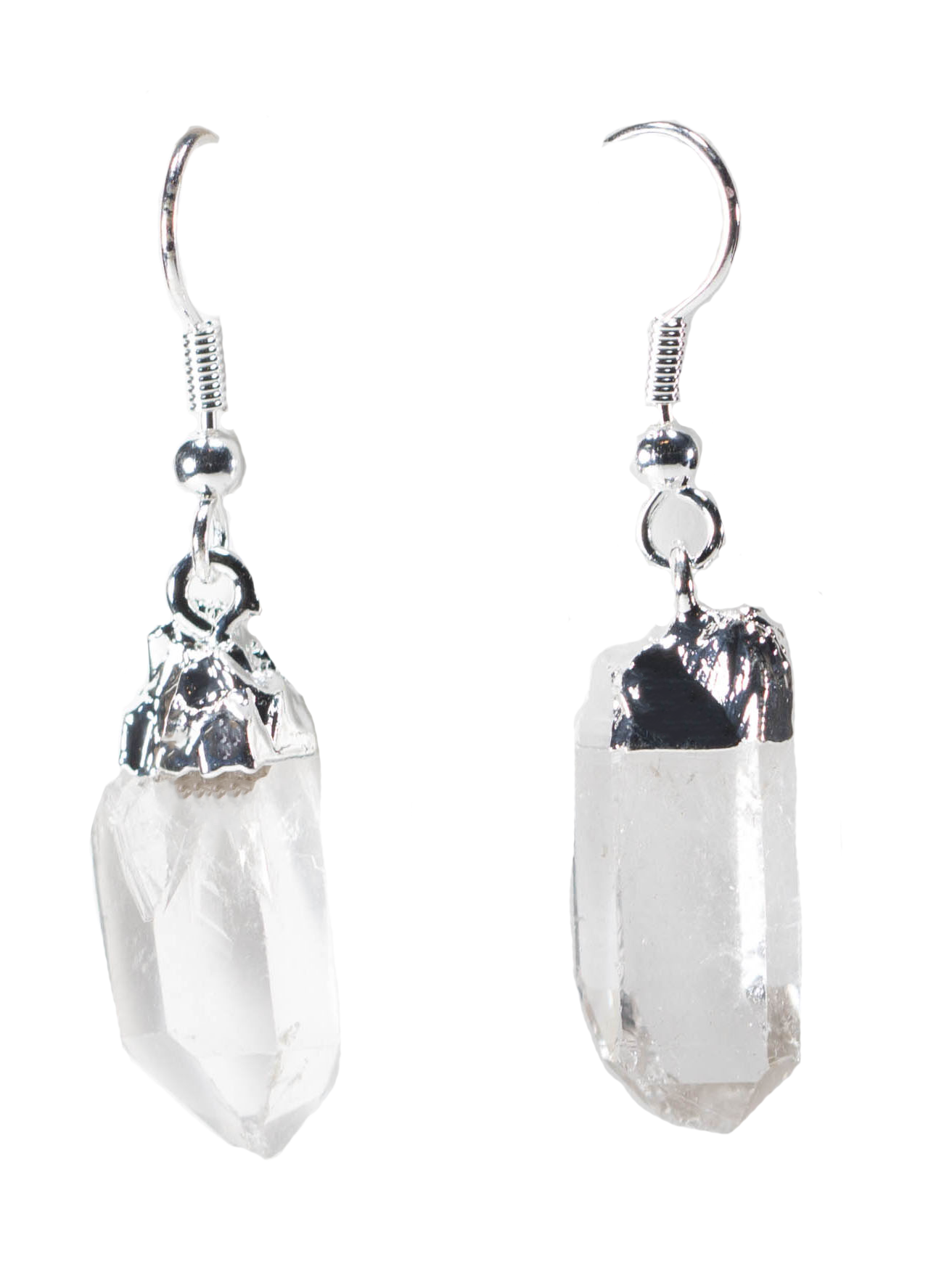 A pair of elegant raw gemstone points earrings featuring clear quartz and amethyst, adorned with silver trim and hooks.