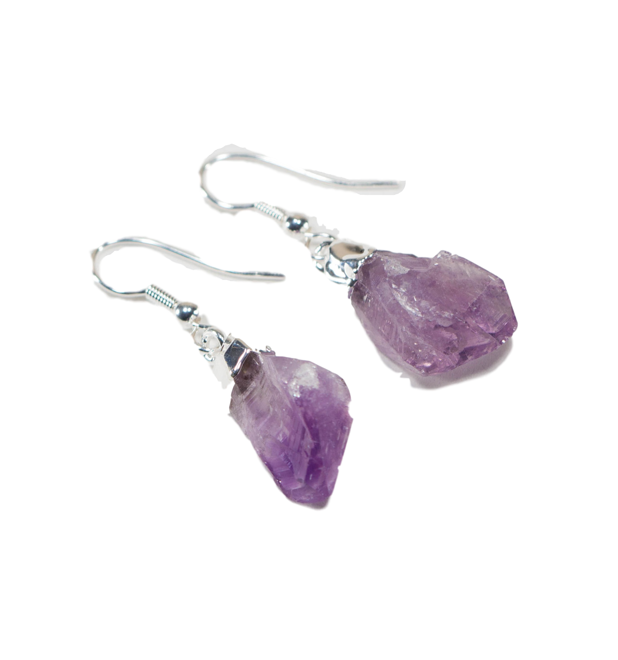 A pair of elegant raw gemstone points earrings featuring clear quartz and amethyst, adorned with silver trim and hooks.