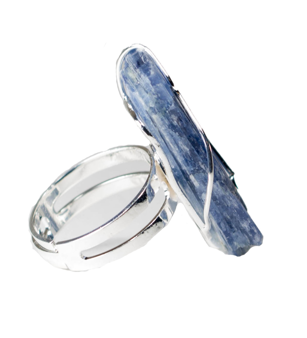 A handcrafted Raw Kyanite Ring featuring a tranquil blue kyanite stone wrapped in gold or silver wire, showcasing unique natural patterns.