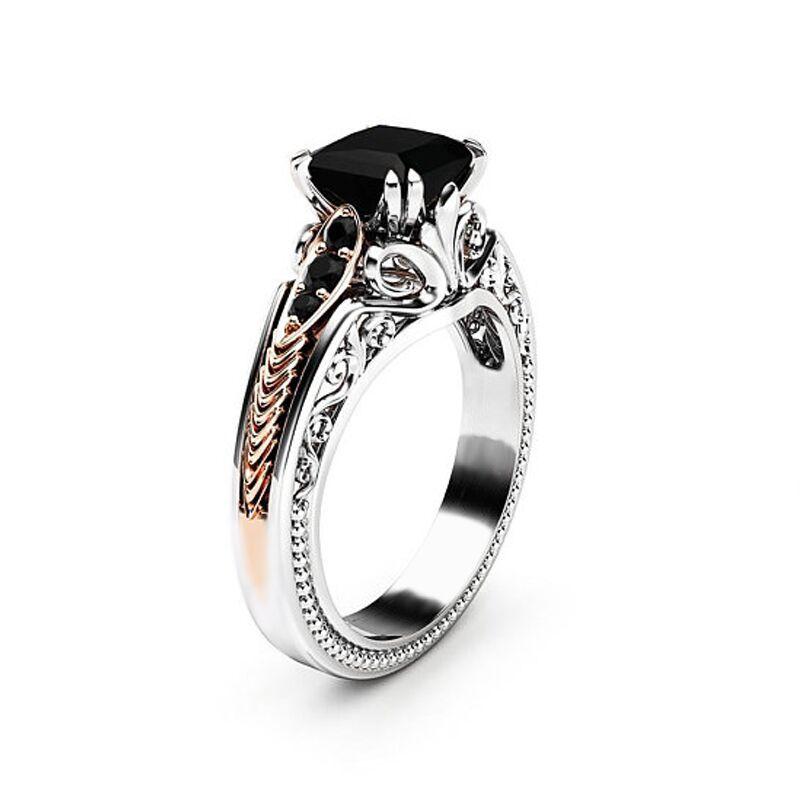 Real Solid Ring Diamond Pandora Style Ring featuring intricate design and black stone, perfect for weddings and special occasions.