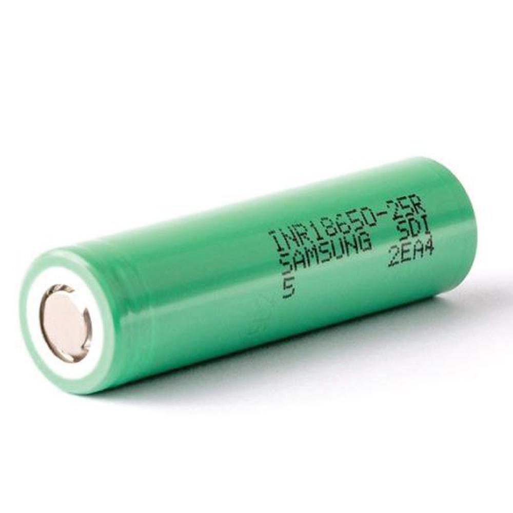 Samsung 25R INR 18650 rechargeable battery with flat top design, 2500mAh capacity, and 20A discharge rate, ideal for various electronic devices.