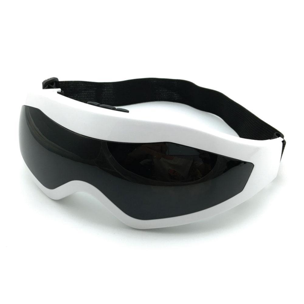 Rechargeable Eye Care Massager with remote control, featuring silicone massage nodes and a sleek black and white design.