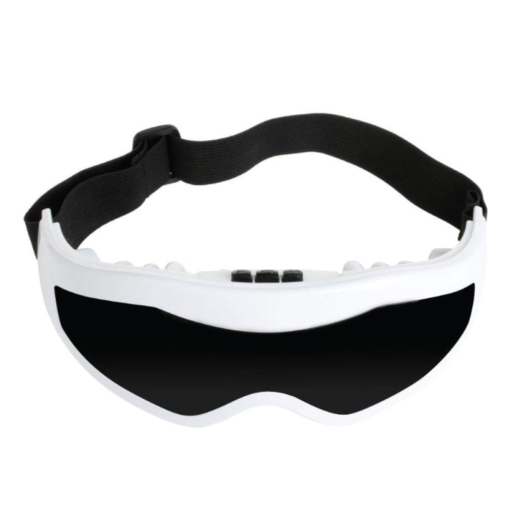 Rechargeable Eye Care Massager with remote control, featuring silicone massage nodes and a sleek black and white design.