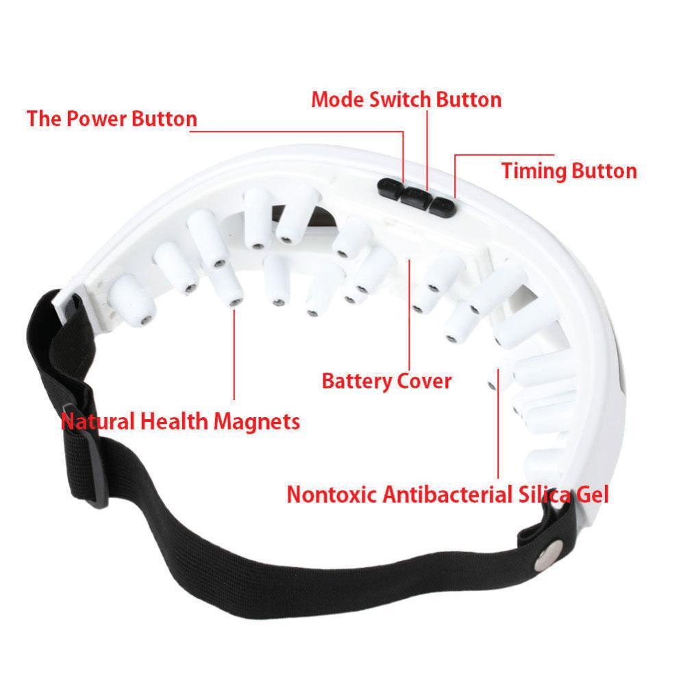 Rechargeable Eye Care Massager with remote control, featuring silicone massage nodes and a sleek black and white design.