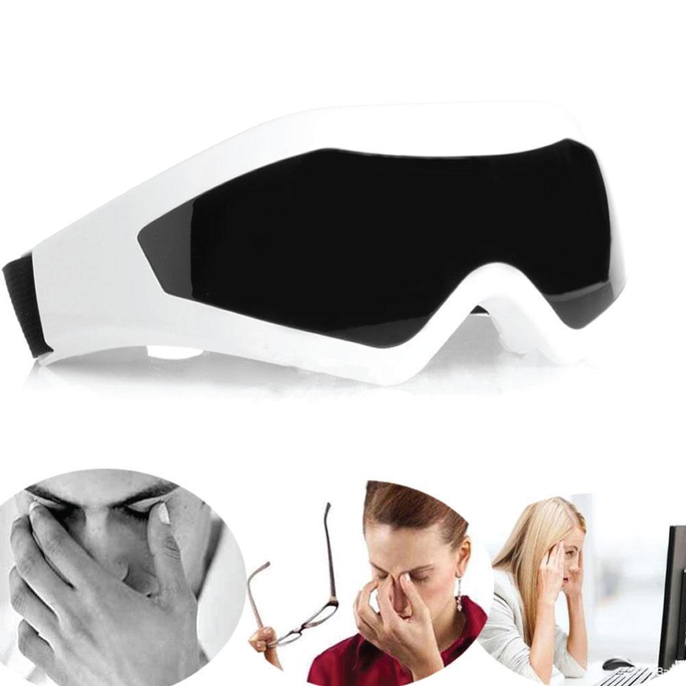 Rechargeable Eye Care Massager with remote control, featuring silicone massage nodes and a sleek black and white design.