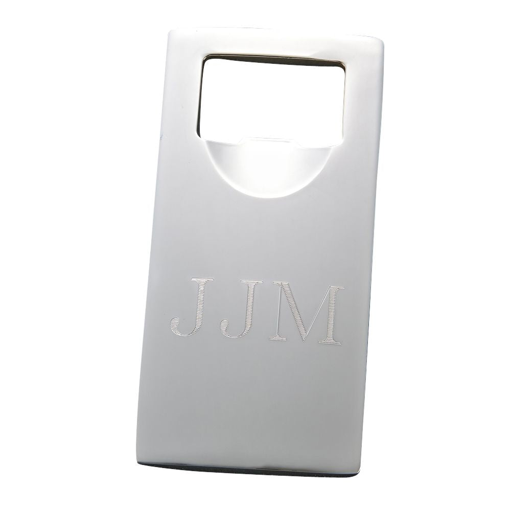 Sleek rectangular nickel-plated bottle opener with a non-tarnish finish, ideal for home bars and outdoor use.