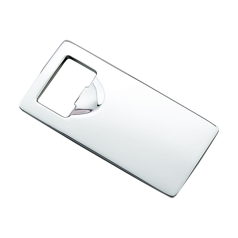 Sleek rectangular nickel-plated bottle opener with a non-tarnish finish, ideal for home bars and outdoor use.