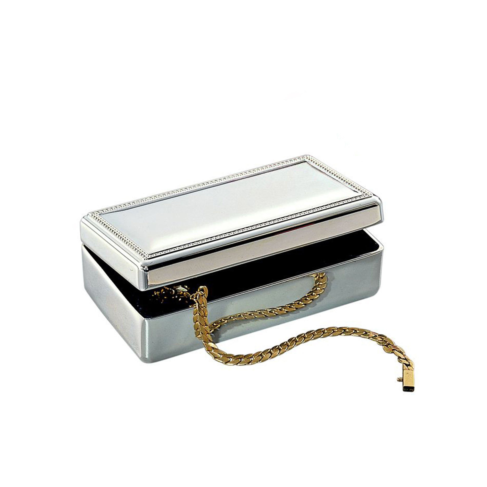 Stylish rectangular box with beaded border, nickel plated finish, and dark blue flocked interior.