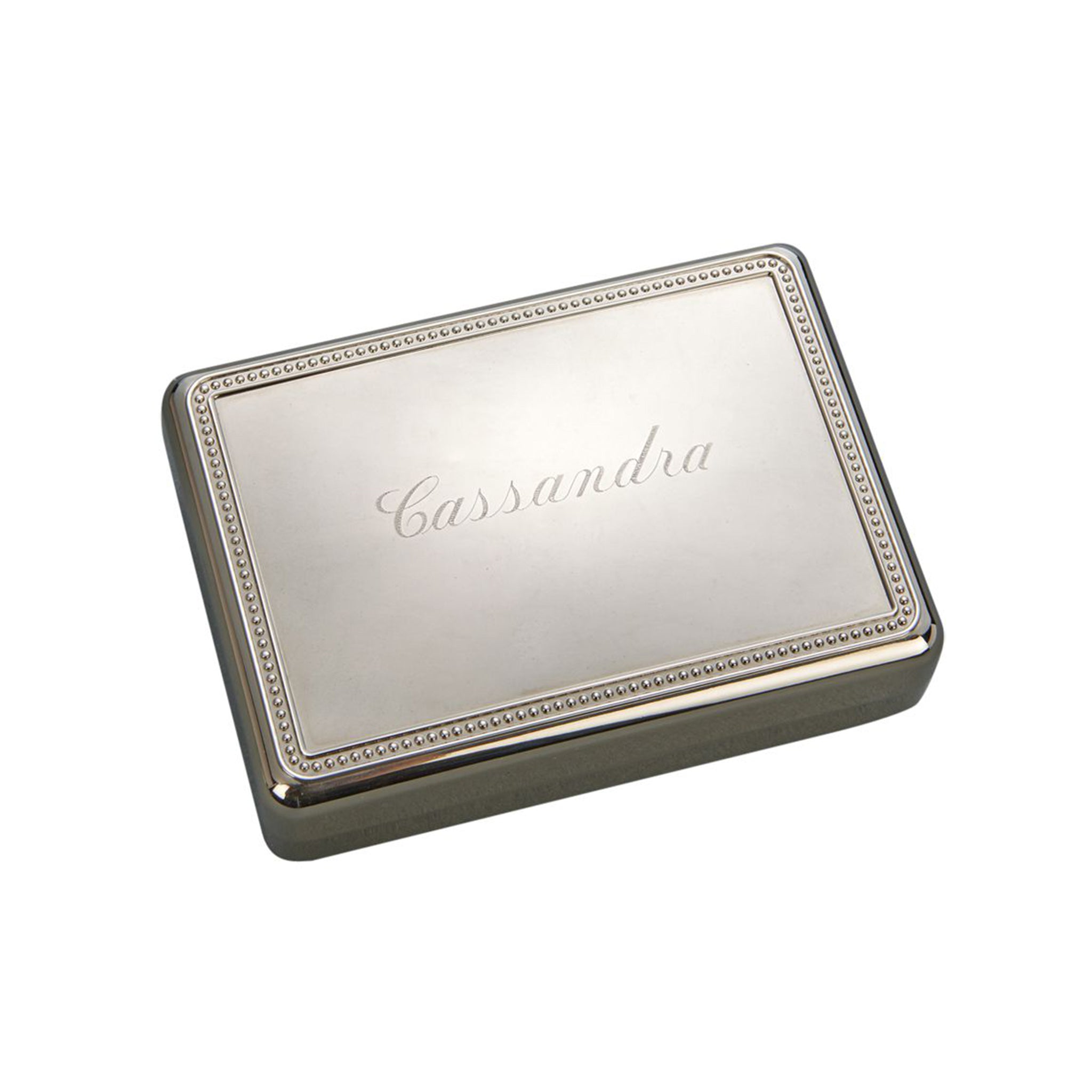 Stylish rectangular box with beaded border, nickel plated finish, and dark blue flocked lining.