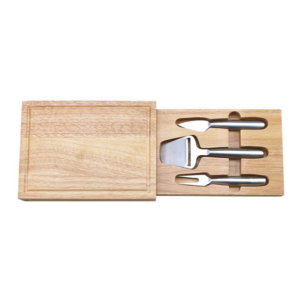 Rectangular cheeseboard made of rubber wood with concealed drawer holding stainless steel cheese tools.