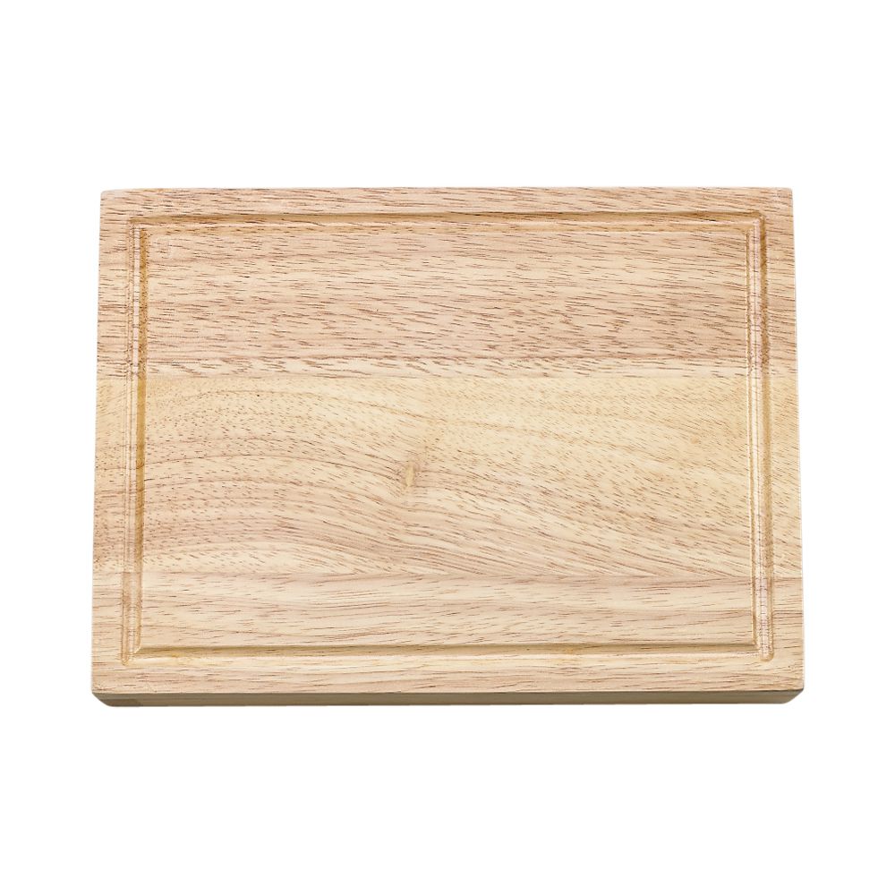 Rectangular cheeseboard made of rubber wood with concealed drawer holding stainless steel cheese tools.