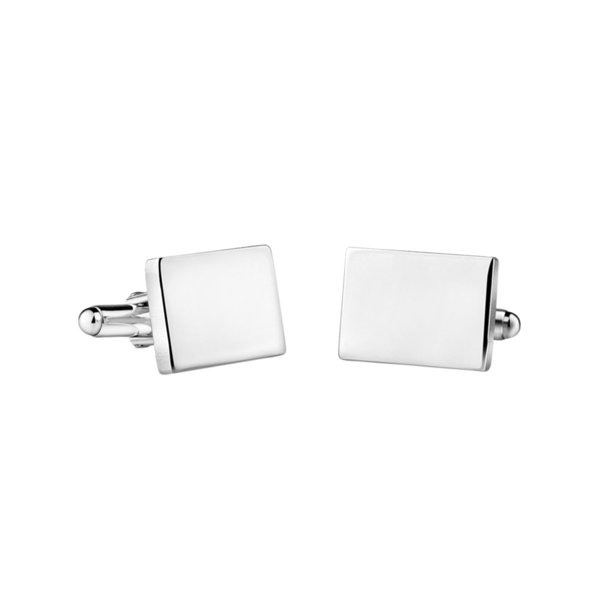 A pair of elegant rectangular cuff links with a palladium finish, displayed in a black gift box.