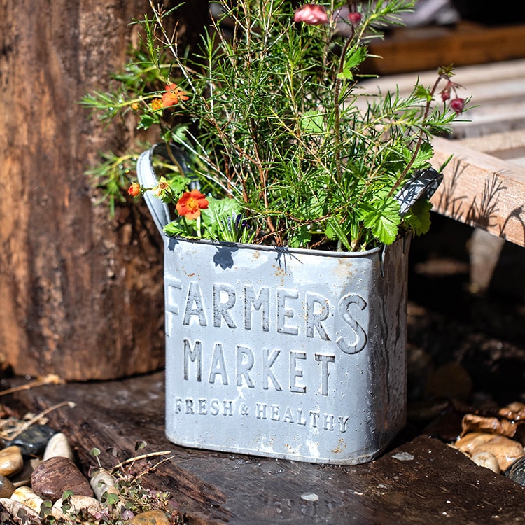 Rectangular gray flower pot made of iron, featuring a rustic design, perfect for decorative use in gardens or homes.