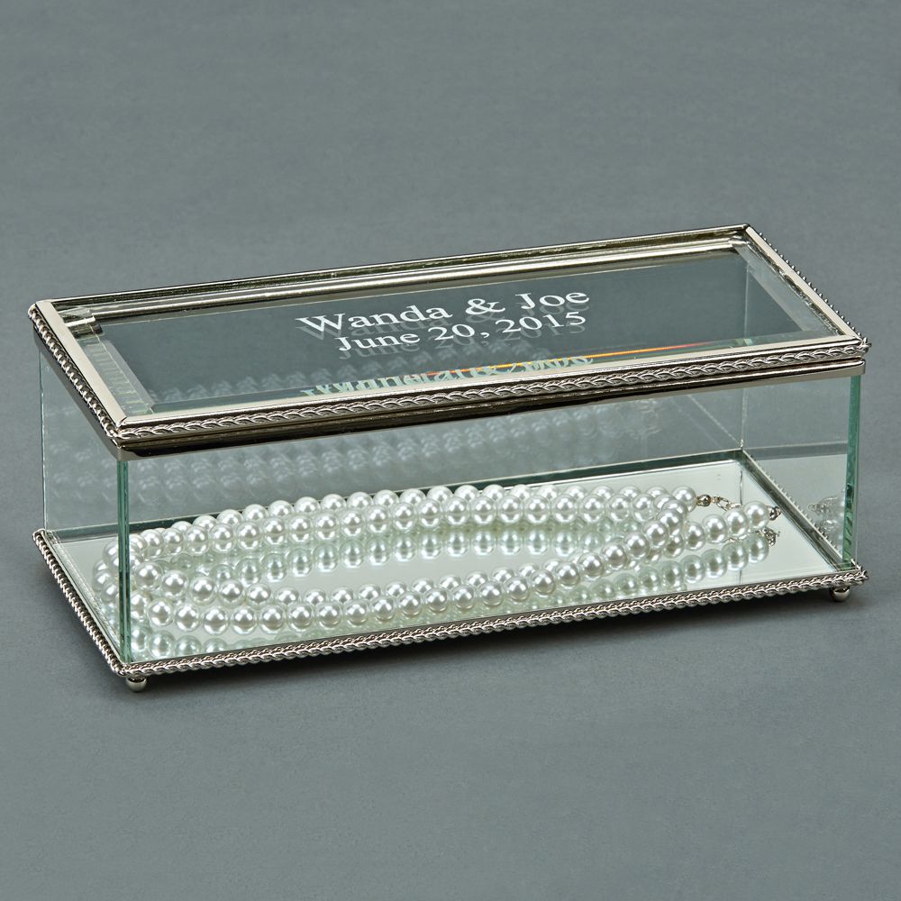 Elegant 8-inch rectangular glass box with hinged cover, featuring a braided border and mirror bottom.