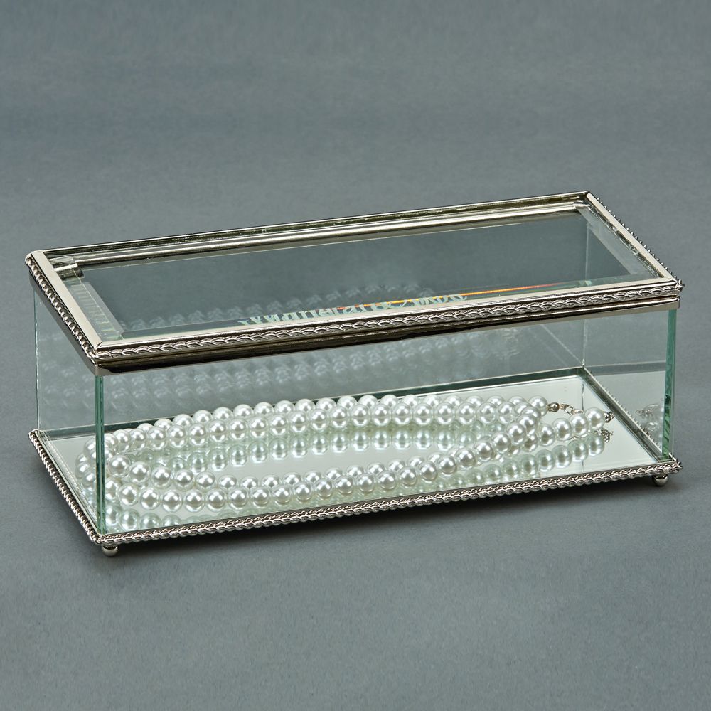 Elegant 8-inch rectangular glass box with hinged cover, featuring a braided border and mirror bottom.