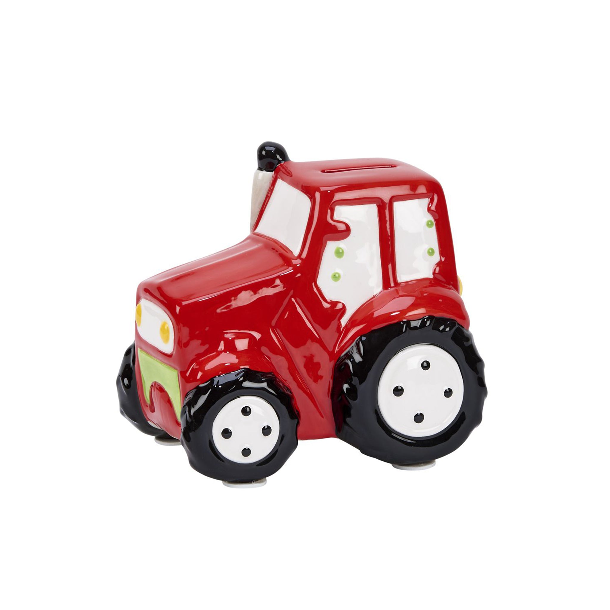 A vibrant red ceramic tractor bank, measuring 5.75 inches, perfect for saving money.