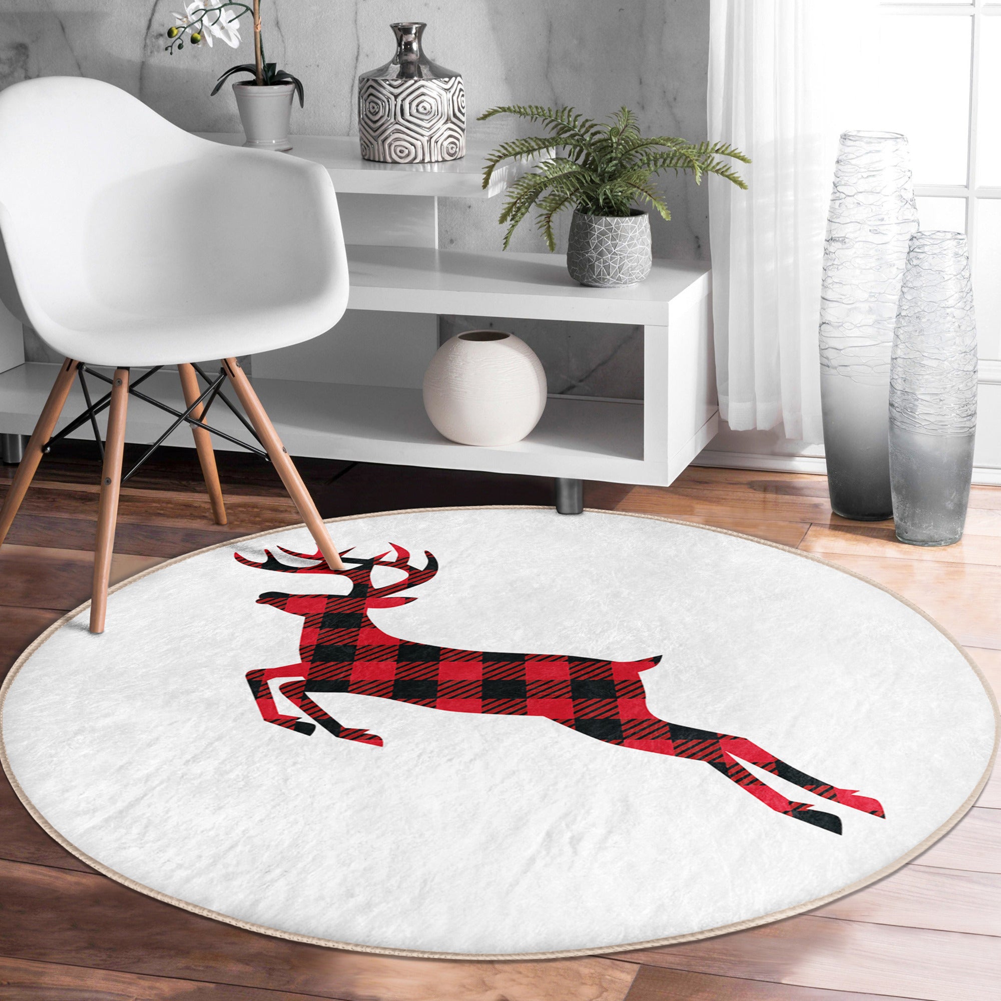 Red Deer Round Rug featuring a vibrant deer pattern in white and red colors, made from soft velvet fabric, ideal for home decor.