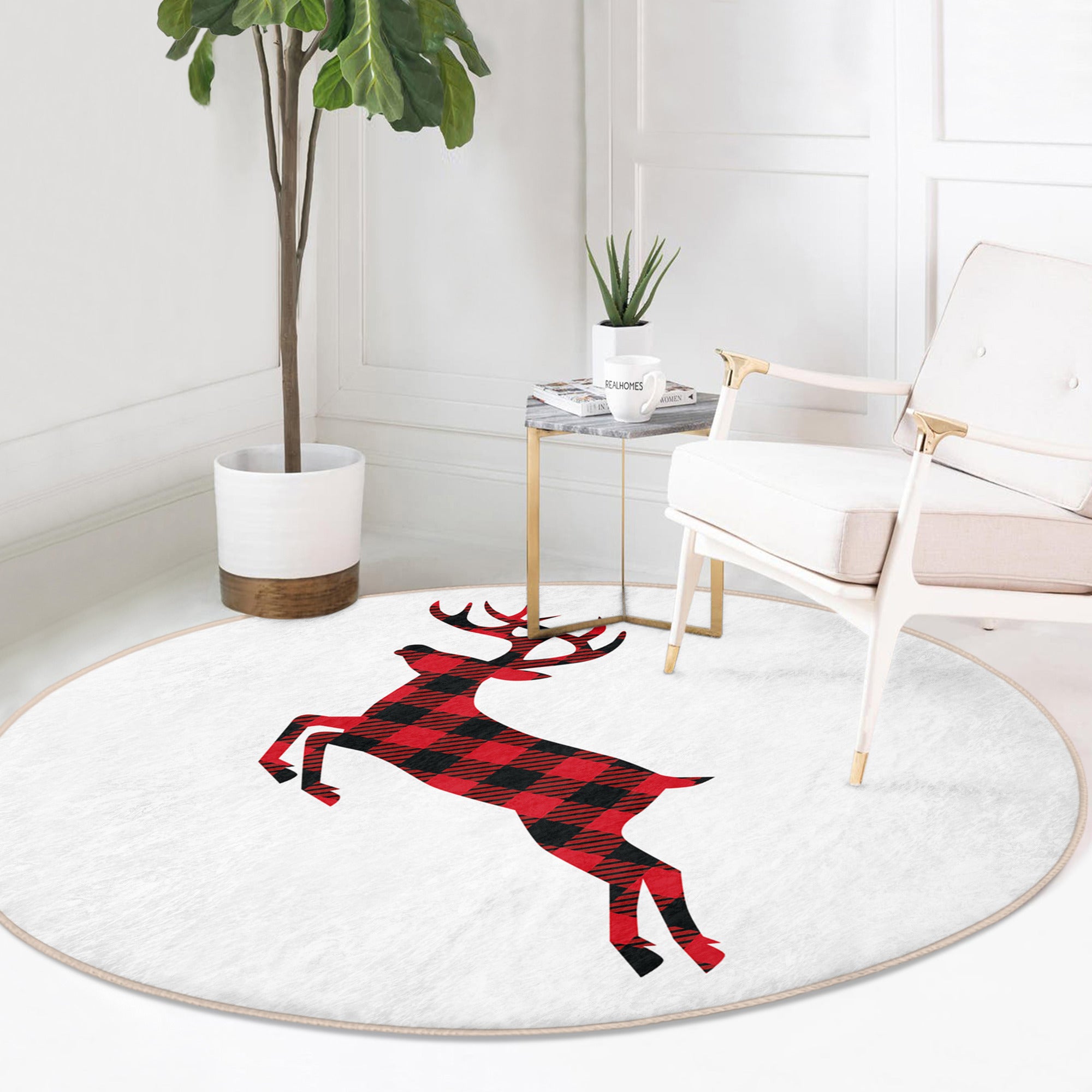 Red Deer Round Rug featuring a vibrant deer pattern in white and red colors, made from soft velvet fabric, ideal for home decor.