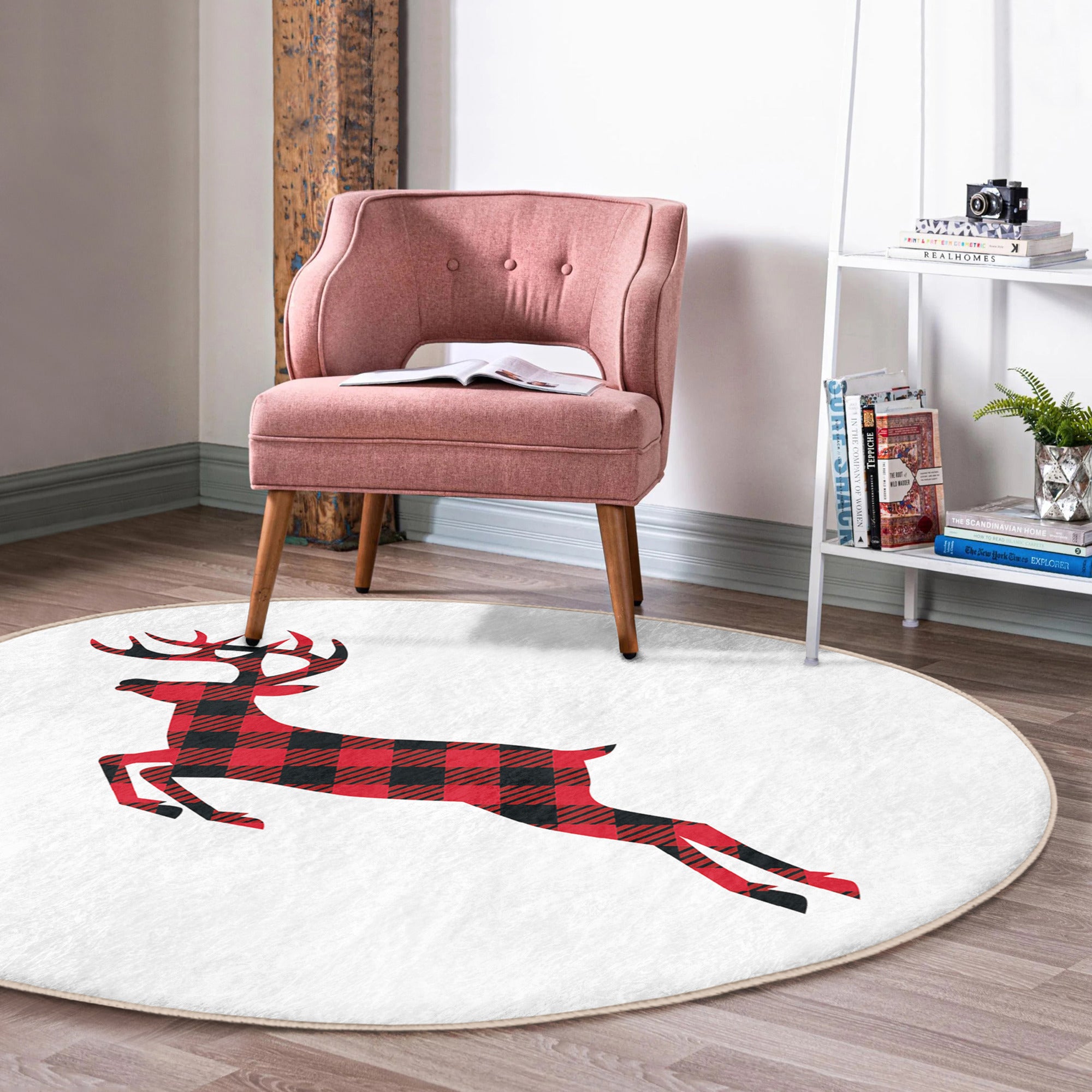 Red Deer Round Rug featuring a vibrant deer pattern in white and red colors, made from soft velvet fabric, ideal for home decor.